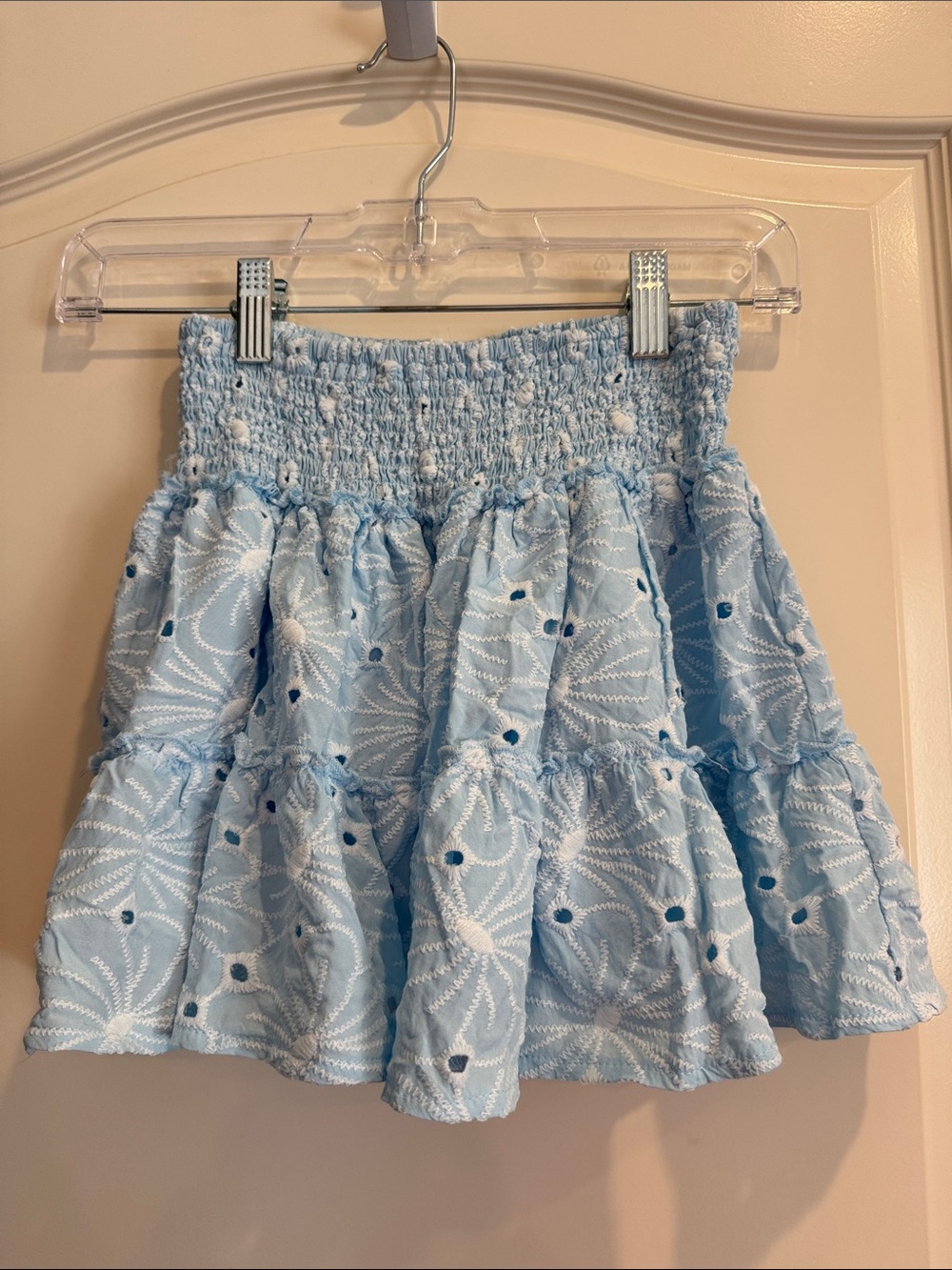 Ocean Drive Light Blue Eyelet Tiered Mini Skirt